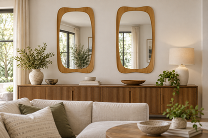 Rounded Rectangle Wall Mirror – Light Wood-Grain Frame#Mir48