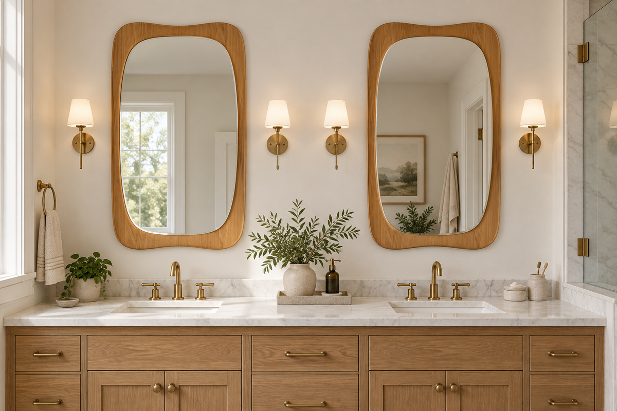 Rounded Rectangle Wall Mirror – Light Wood-Grain Frame#Mir48