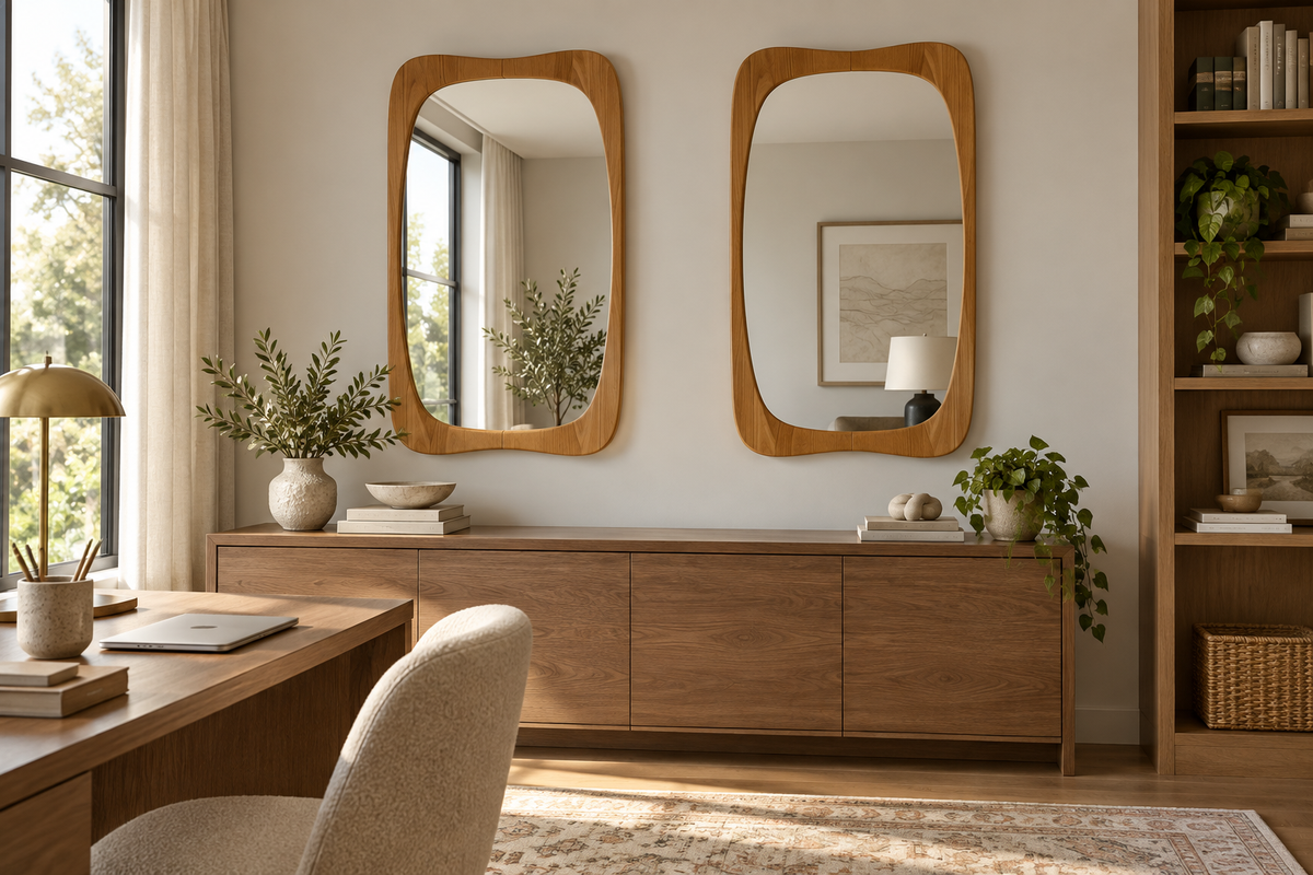 Rounded Rectangle Wall Mirror – Light Wood-Grain Frame#Mir48