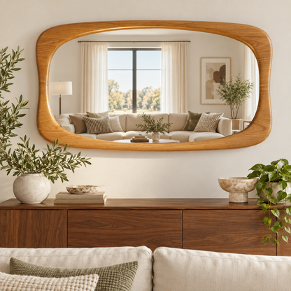 Horizontal Wall Mirror – Rounded Wood-Grain Frame#Mir49