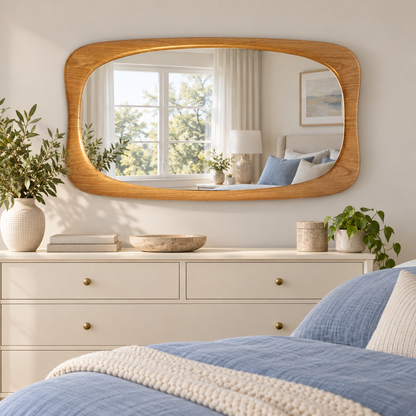 Horizontal Wall Mirror – Rounded Wood-Grain Frame#Mir49