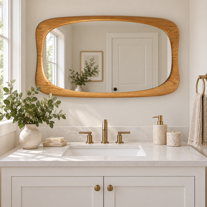 Horizontal Wall Mirror – Rounded Wood-Grain Frame#Mir49
