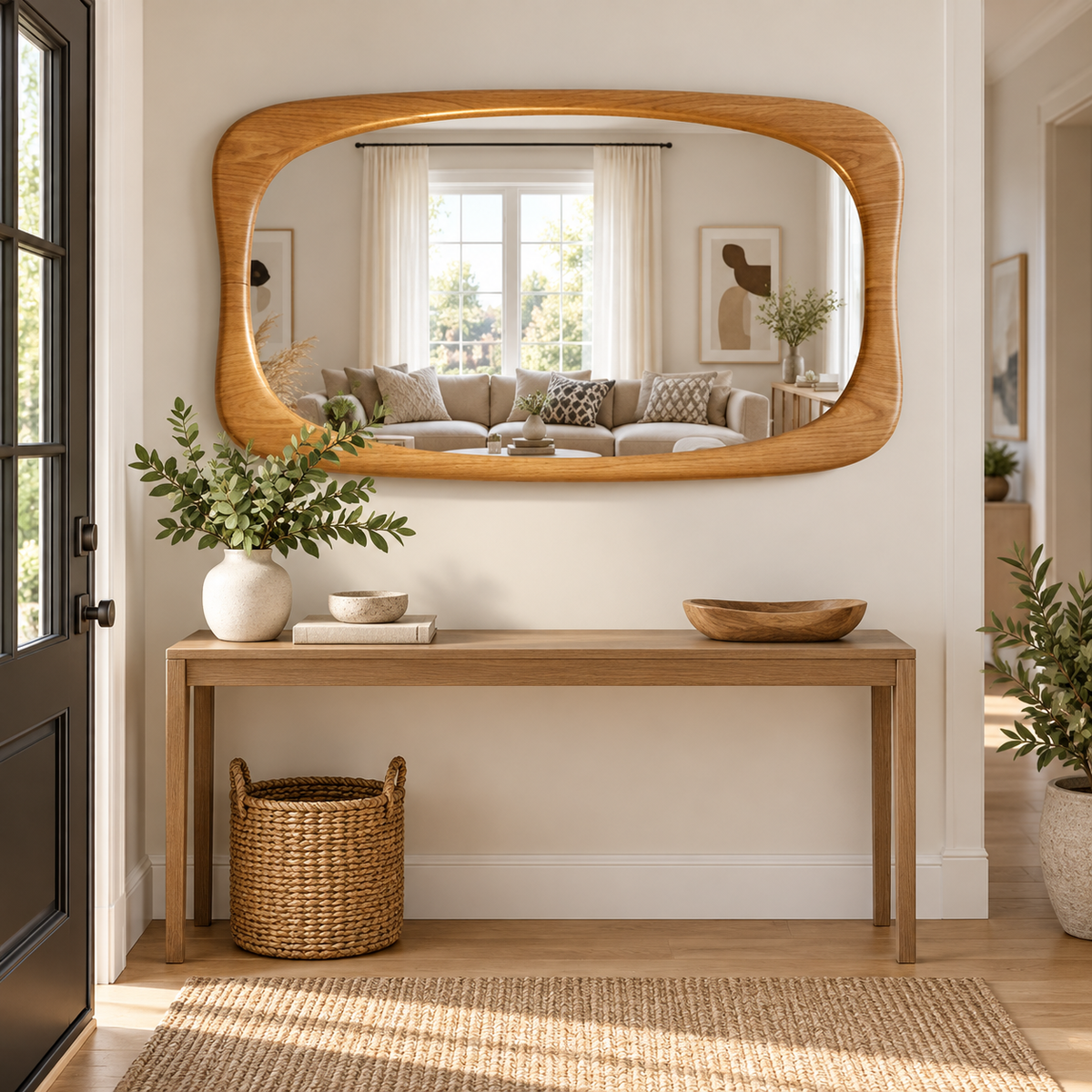 Horizontal Wall Mirror – Rounded Wood-Grain Frame#Mir49