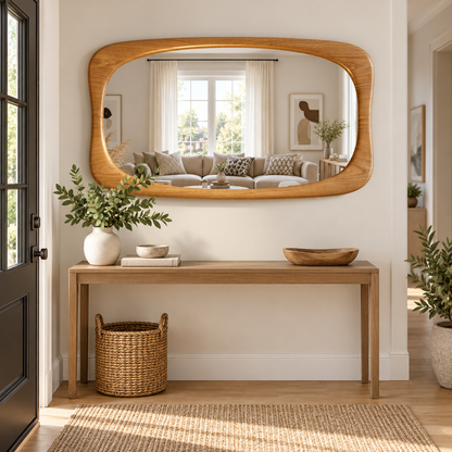 Horizontal Wall Mirror – Rounded Wood-Grain Frame#Mir49