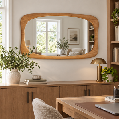 Horizontal Wall Mirror – Rounded Wood-Grain Frame#Mir49