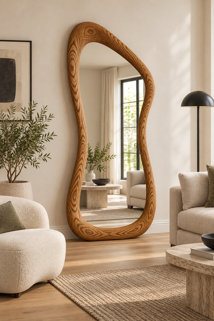 Sculptural Freeform Wood Floor Mirror – Organic Full-Length Mirror#Mir50