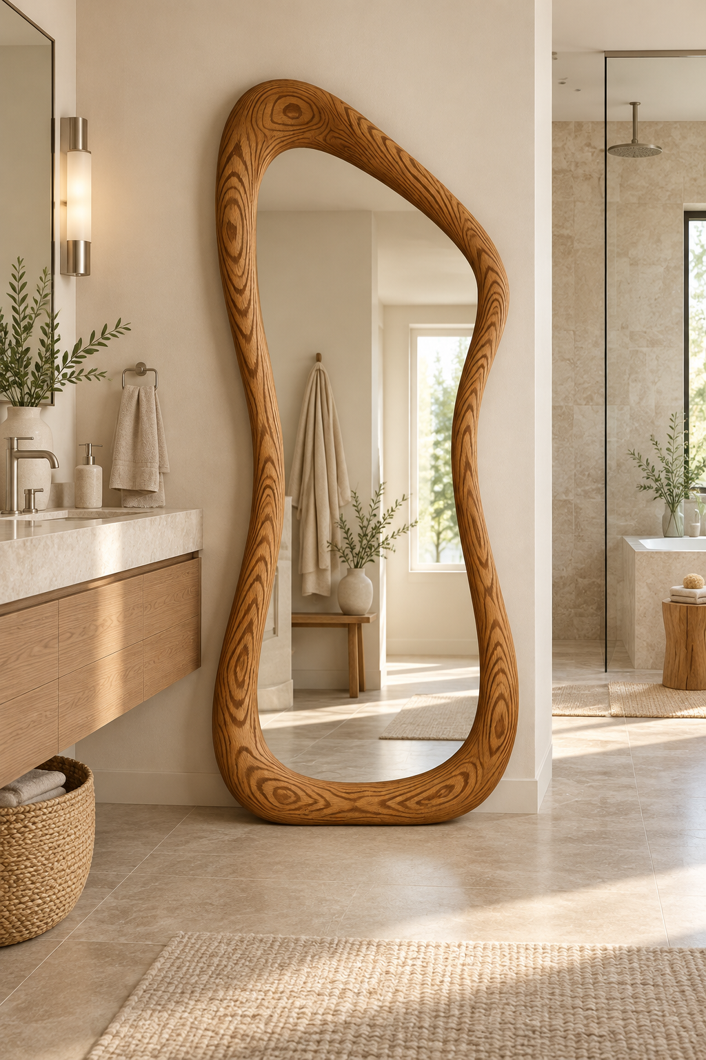 Sculptural Freeform Wood Floor Mirror – Organic Full-Length Mirror#Mir50