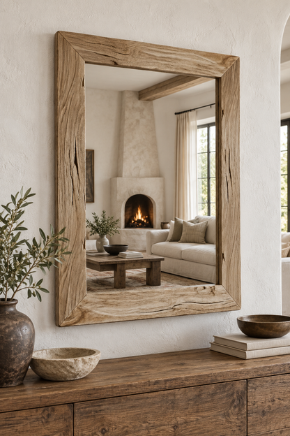 Rustic Natural Wood Wall Mirror – Textured Rectangular Mirror#Mir52