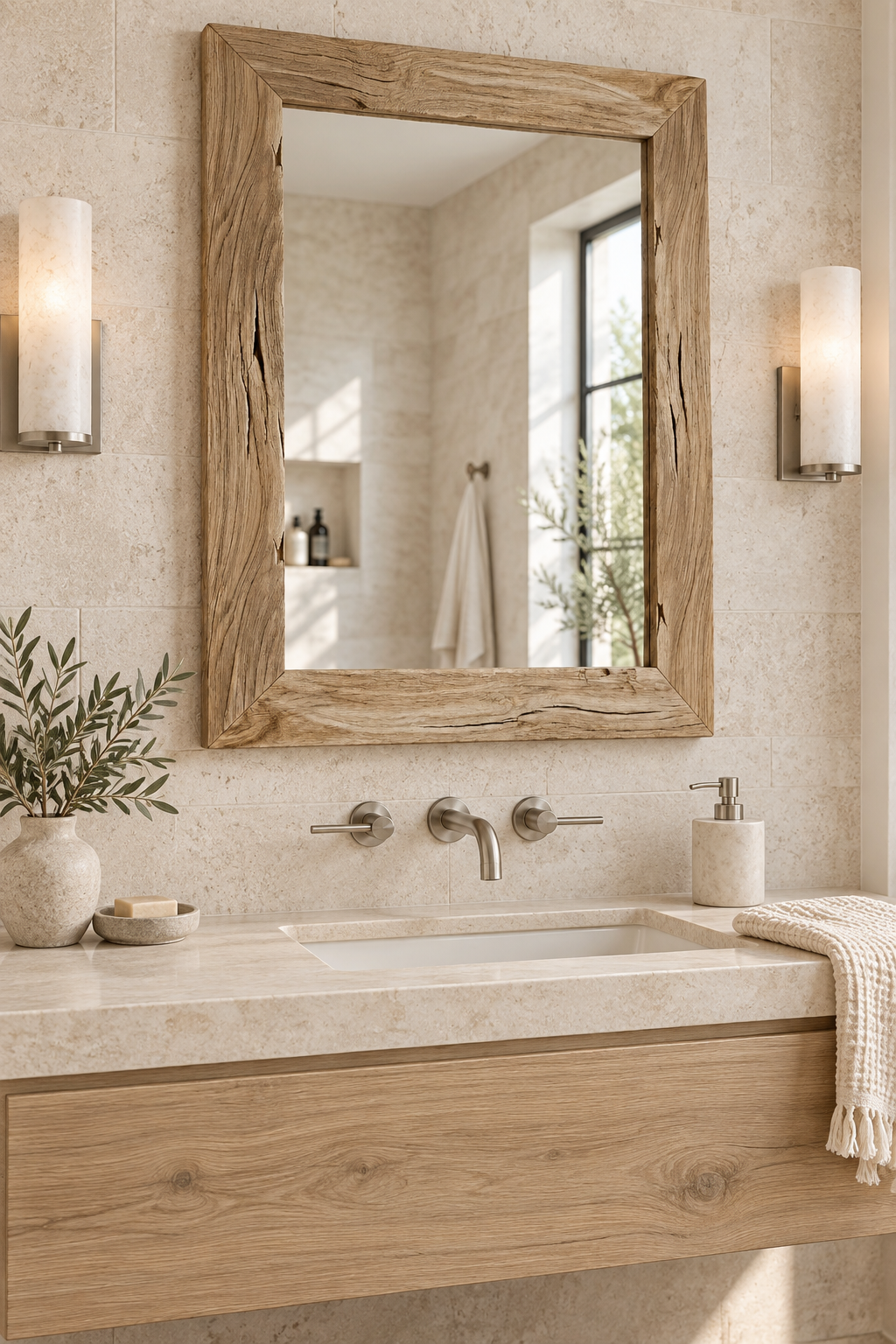 Rustic Natural Wood Wall Mirror – Textured Rectangular Mirror#Mir52