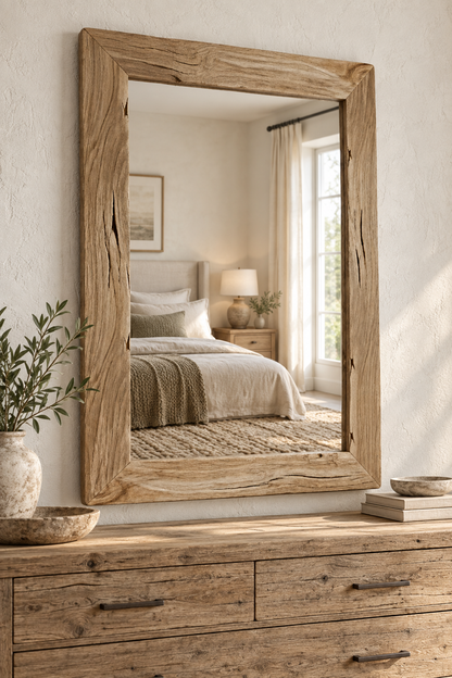 Rustic Natural Wood Wall Mirror – Textured Rectangular Mirror#Mir52