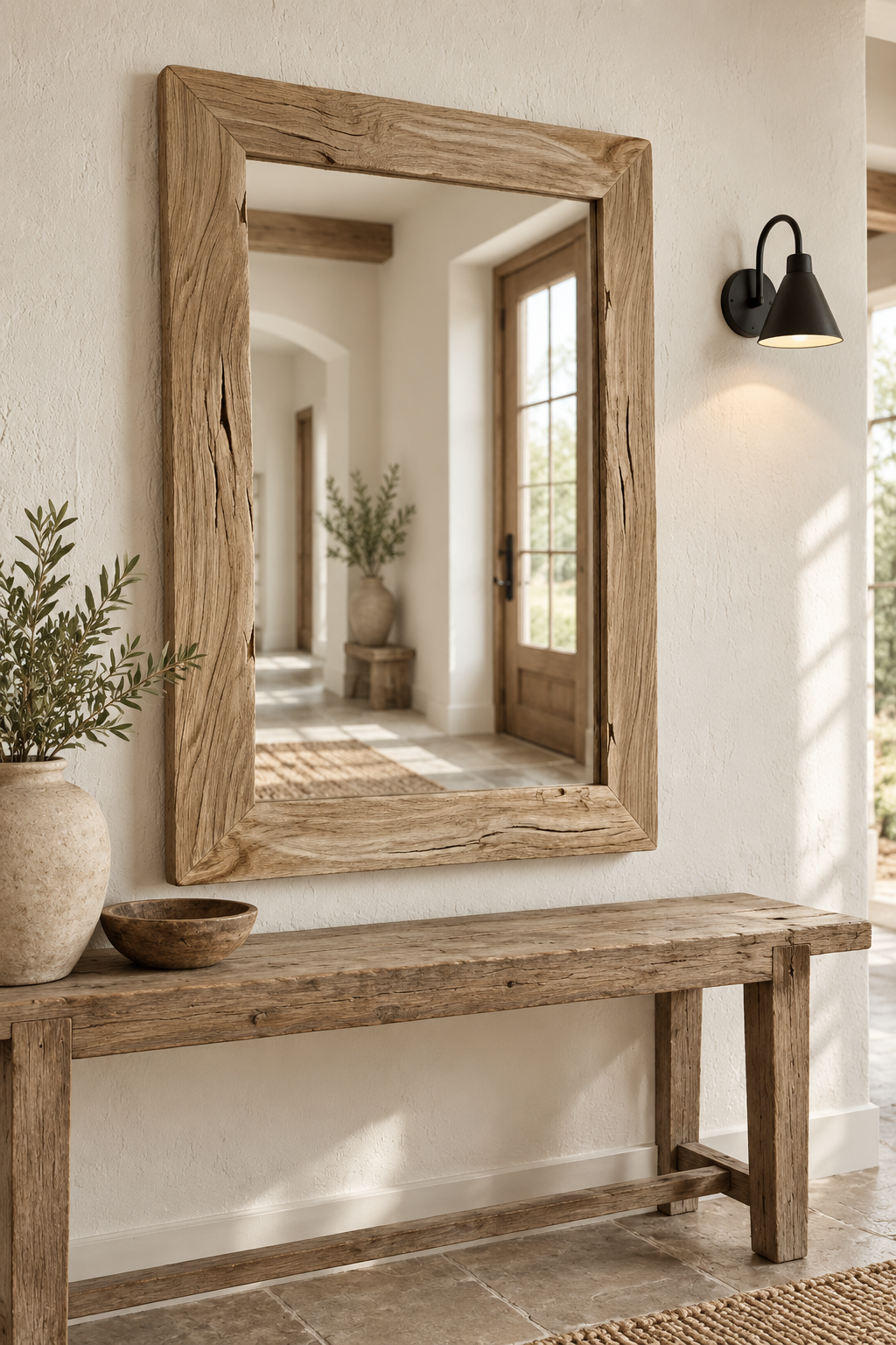 Rustic Natural Wood Wall Mirror – Textured Rectangular Mirror#Mir52
