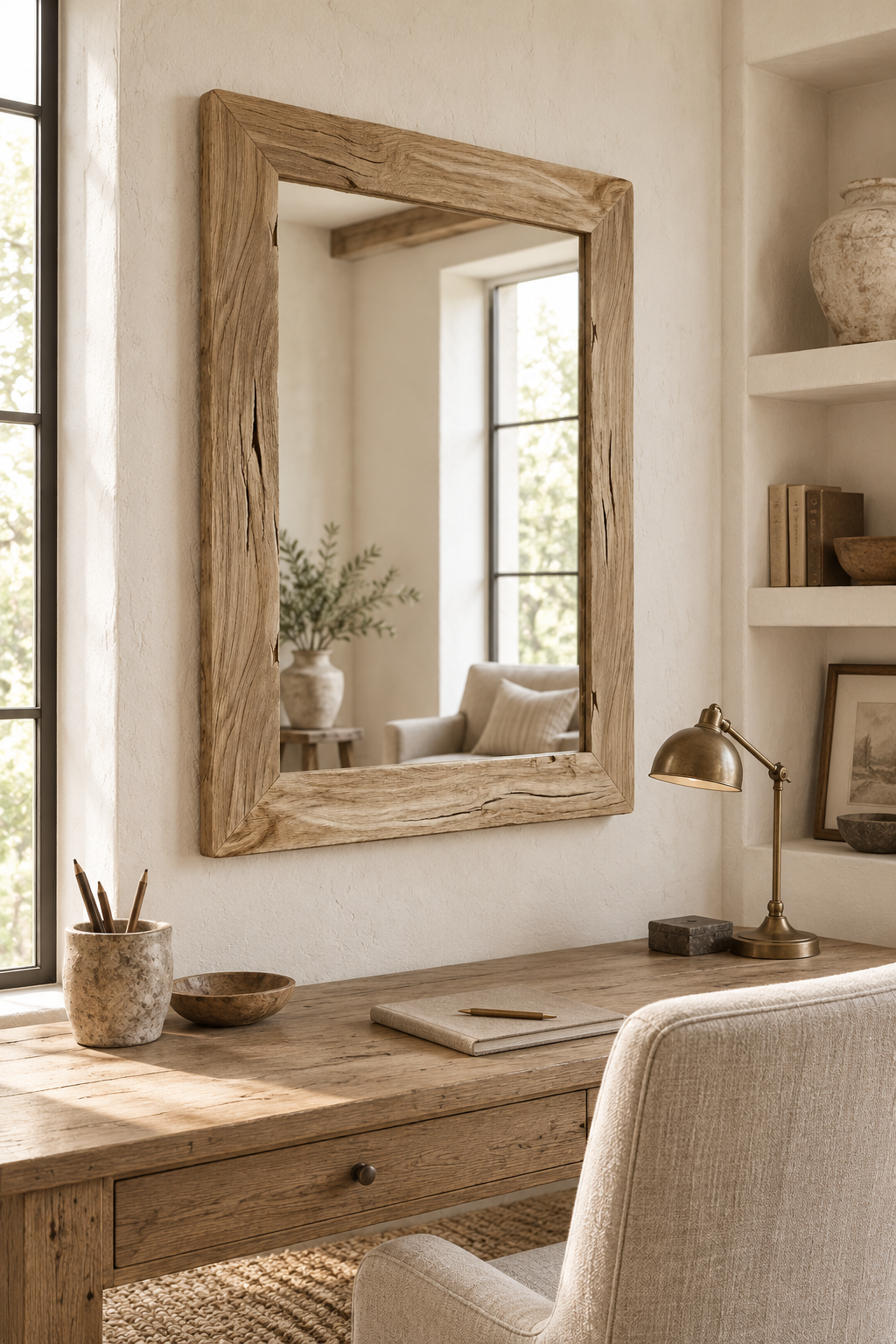 Rustic Natural Wood Wall Mirror – Textured Rectangular Mirror#Mir52
