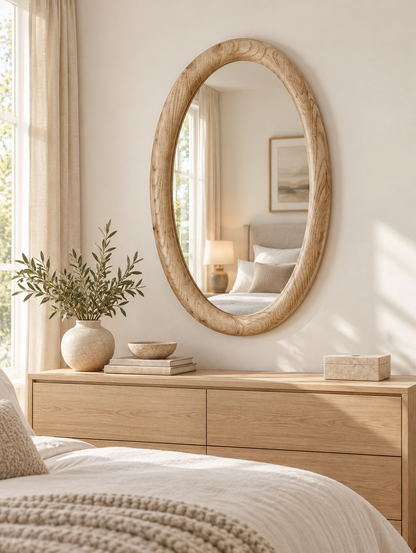 Organic Oval Wood Wall Mirror – Light Wood Sculptural Mirror#Mir53