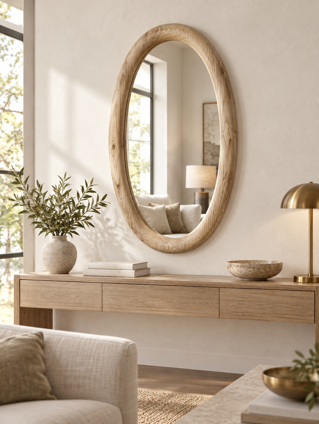 Organic Oval Wood Wall Mirror – Light Wood Sculptural Mirror#Mir53