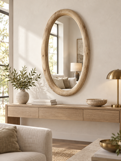 Organic Oval Wood Wall Mirror – Light Wood Sculptural Mirror#Mir53