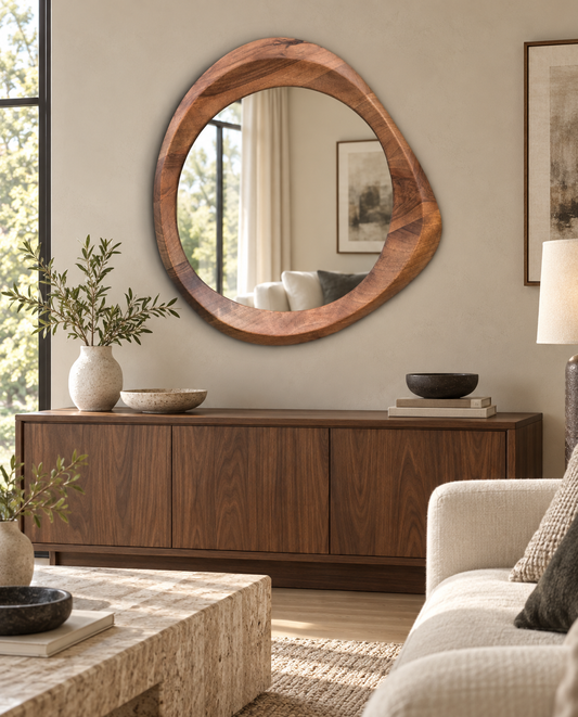 Asymmetrical Walnut-Tone Wood Mirror – Organic Round Wall Mirror#Mir54