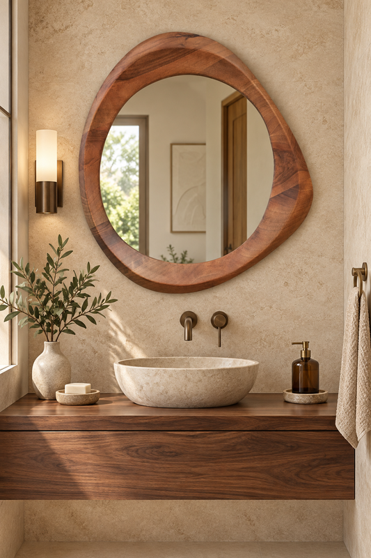 Asymmetrical Walnut-Tone Wood Mirror – Organic Round Wall Mirror#Mir54