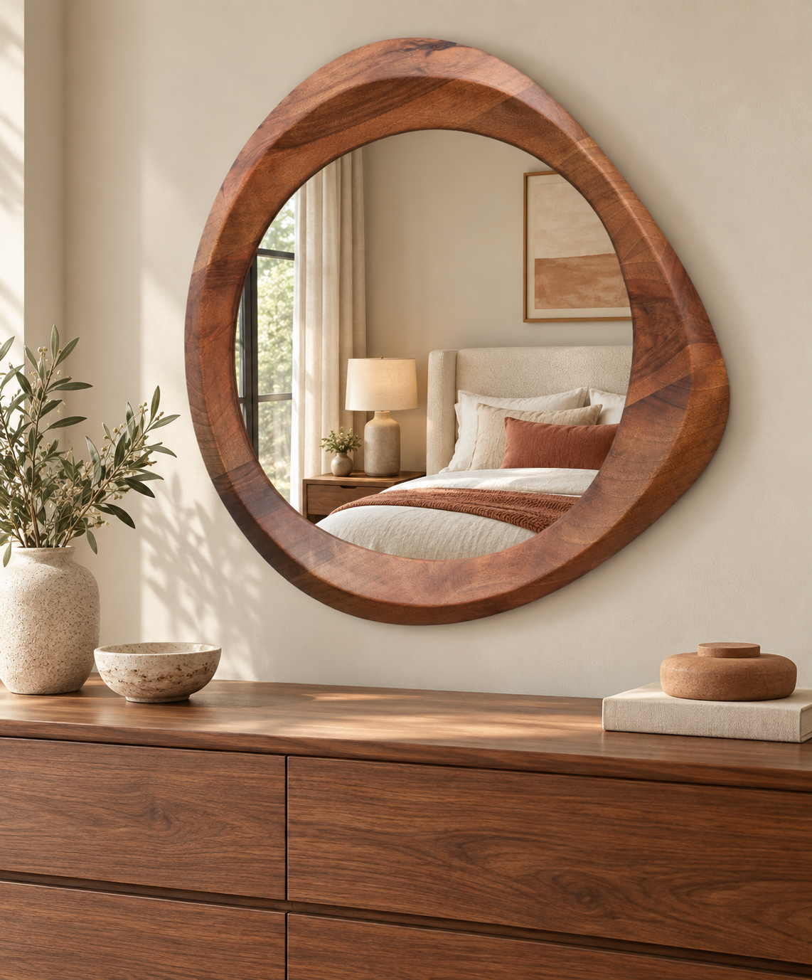 Asymmetrical Walnut-Tone Wood Mirror – Organic Round Wall Mirror#Mir54