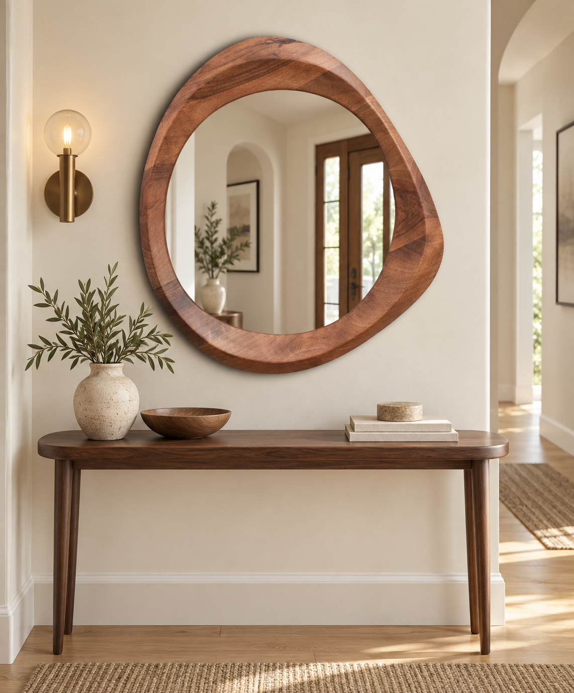 Asymmetrical Walnut-Tone Wood Mirror – Organic Round Wall Mirror#Mir54
