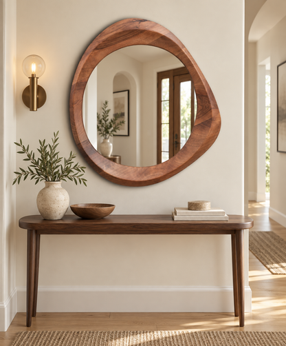 Asymmetrical Walnut-Tone Wood Mirror – Organic Round Wall Mirror#Mir54
