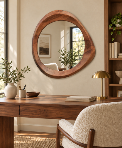 Asymmetrical Walnut-Tone Wood Mirror – Organic Round Wall Mirror#Mir54