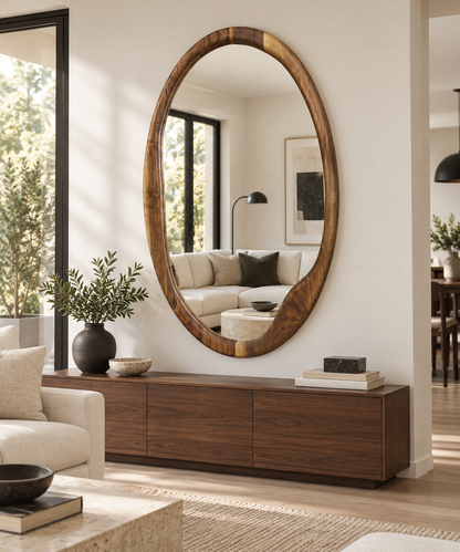 Large Asymmetrical Oval Wood Mirror – Organic Full-Length Wall Mirror#Mir55