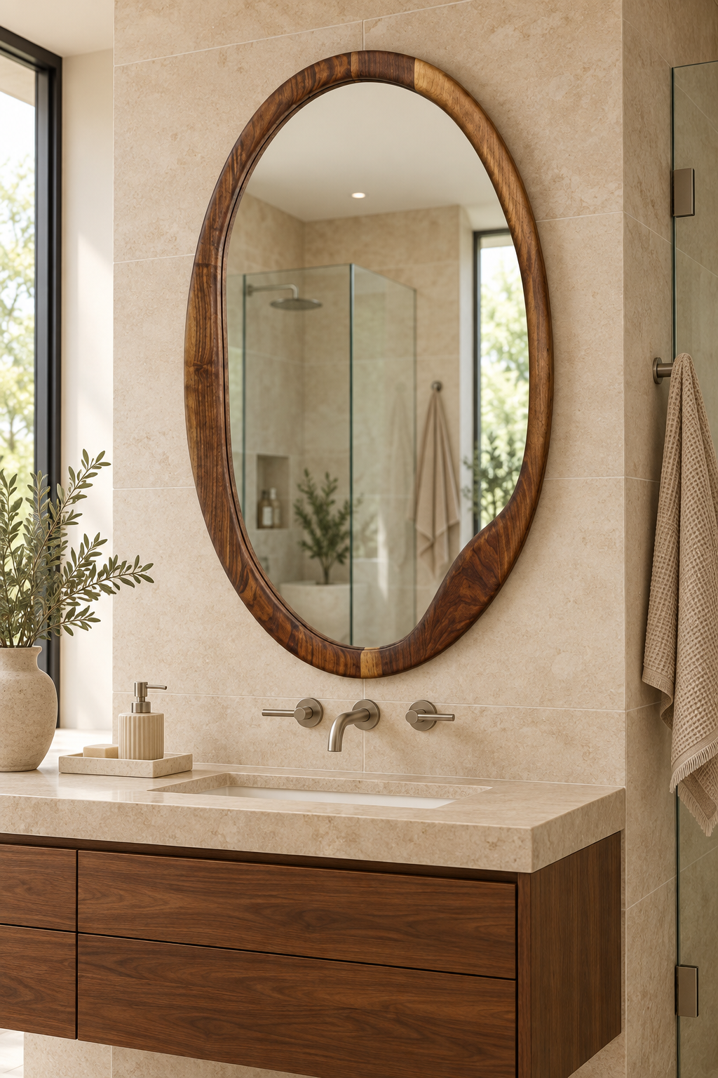 Large Asymmetrical Oval Wood Mirror – Organic Full-Length Wall Mirror#Mir55