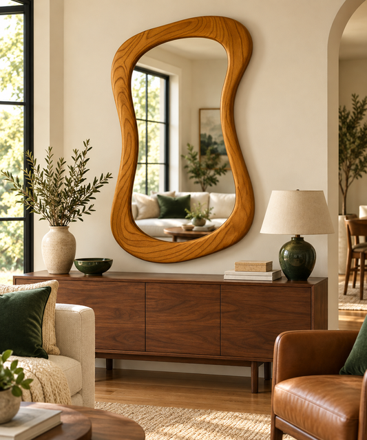 Wavy Freeform Wood Wall Mirror – Sculptural Organic Mirror#Mir56