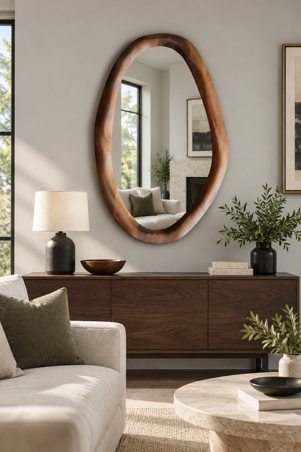 Organic Pebble Wood Wall Mirror – Dark Walnut-Tone Mirror#Mir58