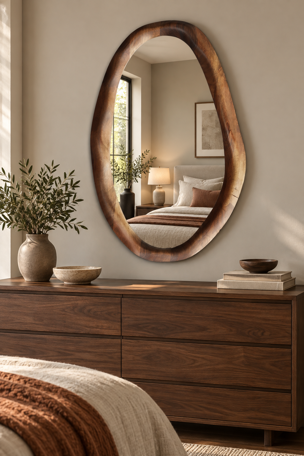 Organic Pebble Wood Wall Mirror – Dark Walnut-Tone Mirror#Mir58