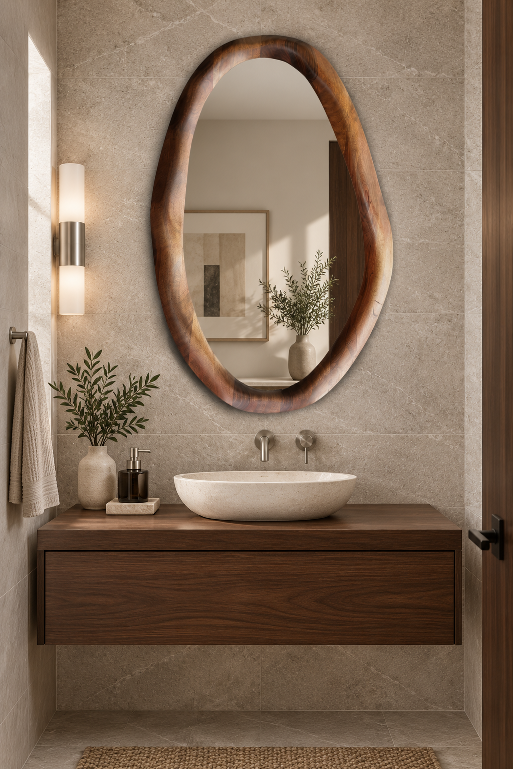 Organic Pebble Wood Wall Mirror – Dark Walnut-Tone Mirror#Mir58