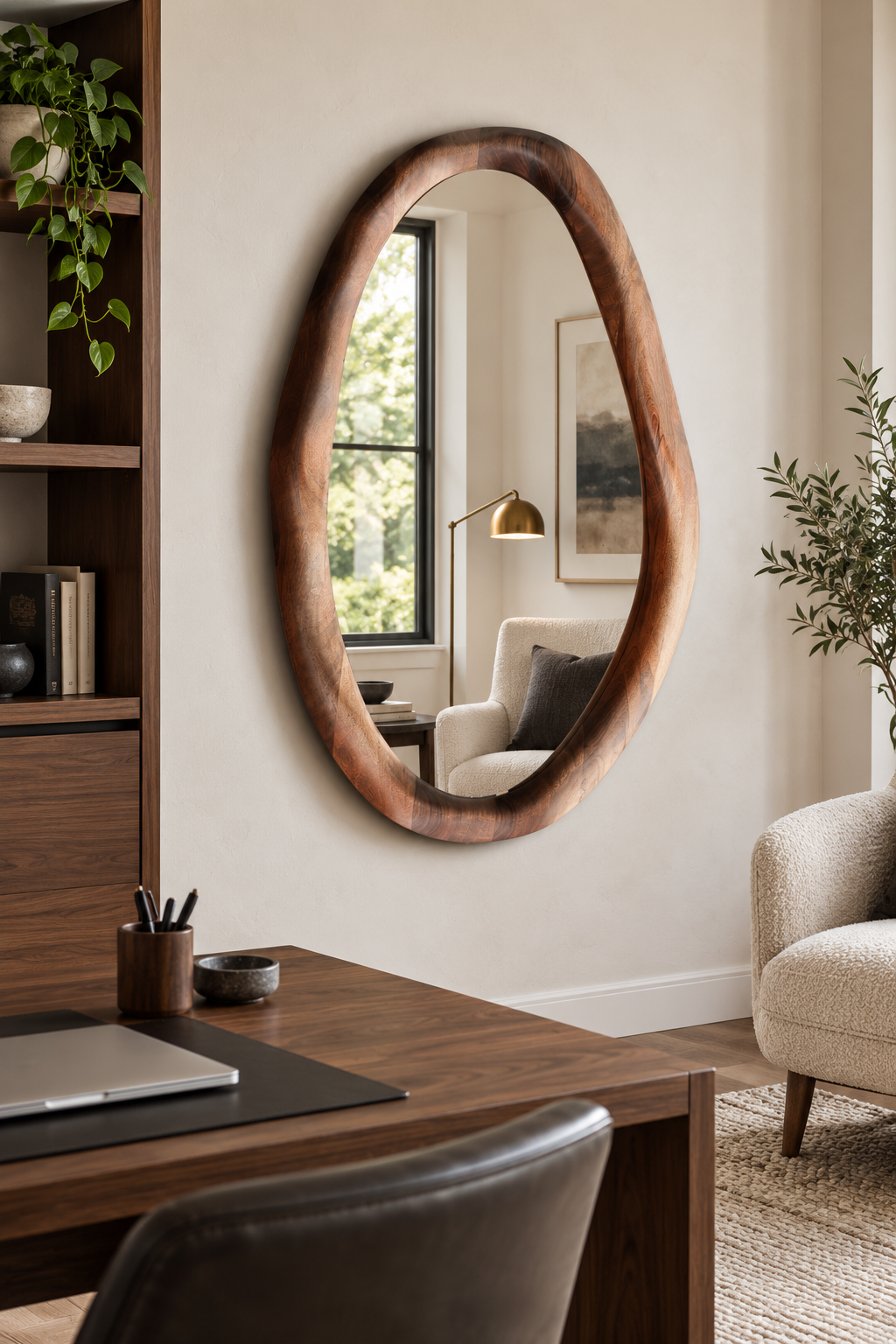 Organic Pebble Wood Wall Mirror – Dark Walnut-Tone Mirror#Mir58