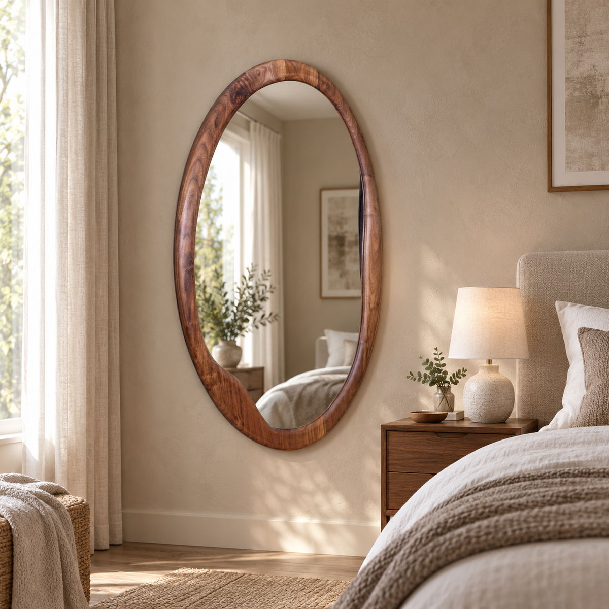 Walnut Organic Oval Wall Mirror#Mir67