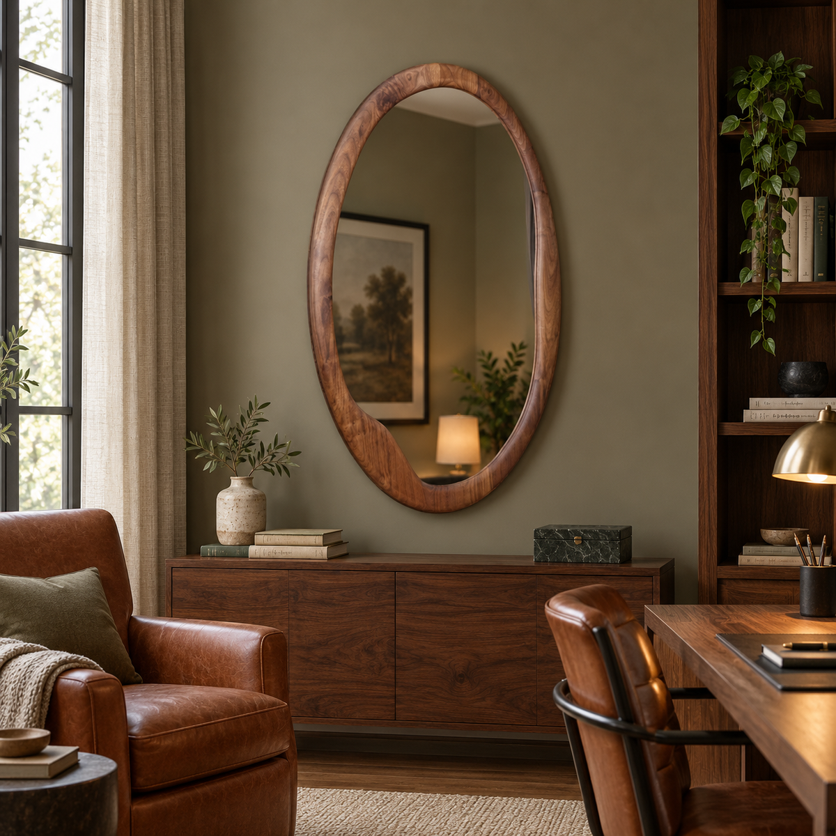 Walnut Organic Oval Wall Mirror#Mir67